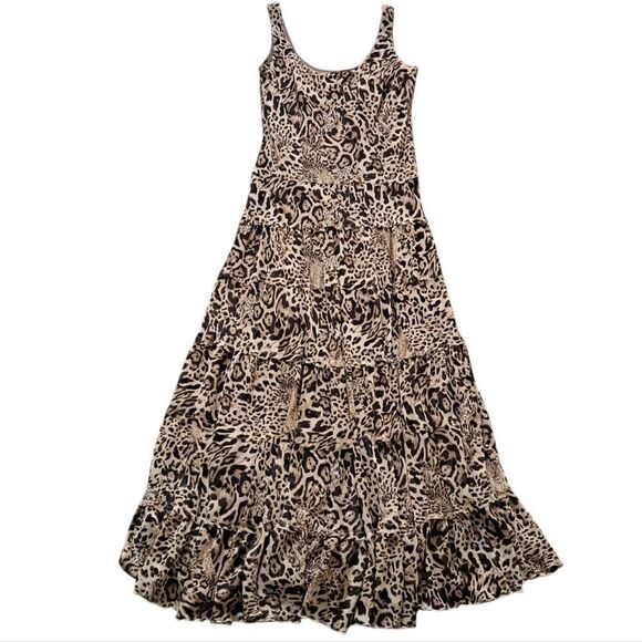 Jones New York Y2K Animal Print Tiered Chiffon Whimsygoth Maxi Dress Sz 4 Brown - Picture 1 of 14